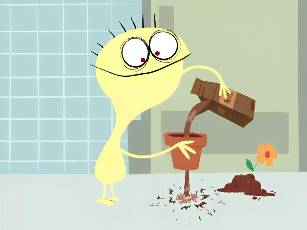 A photo of a charecter pouring milk into a broken flower pot.